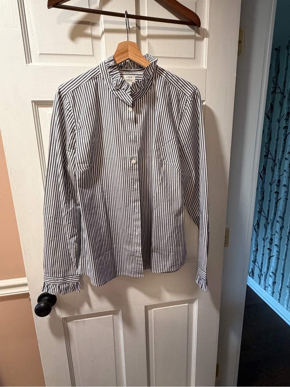 J. Crew Factory White and Navy stripe ruffle-collar dress shirt